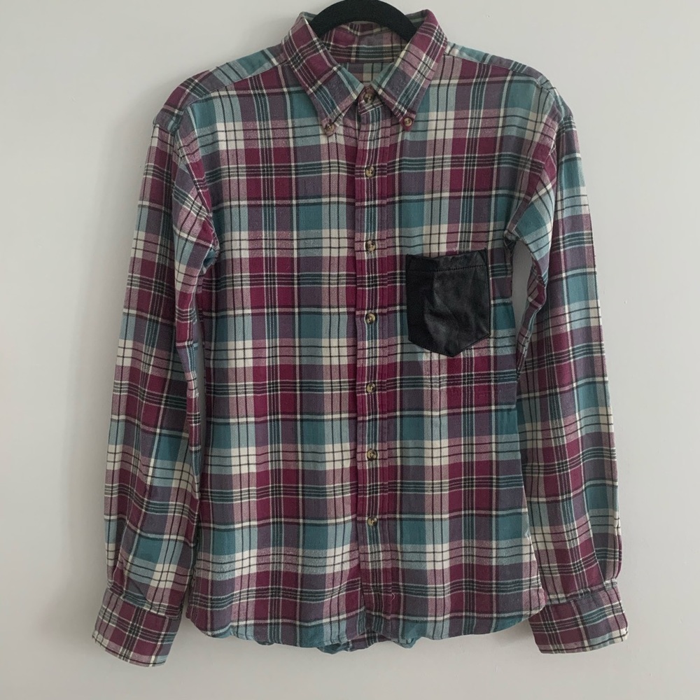 Reformation Flannel Shirt With Leather Pocket, S